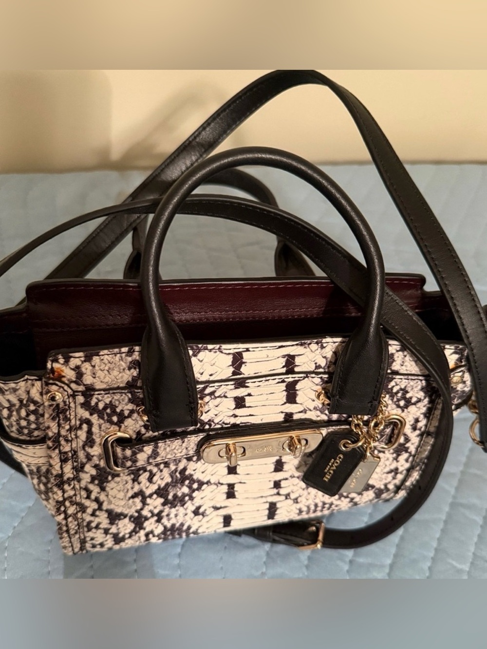 Coach Mini Swagger Women's Black & White Python Snake-Print Satchel - Picture 4 of 12